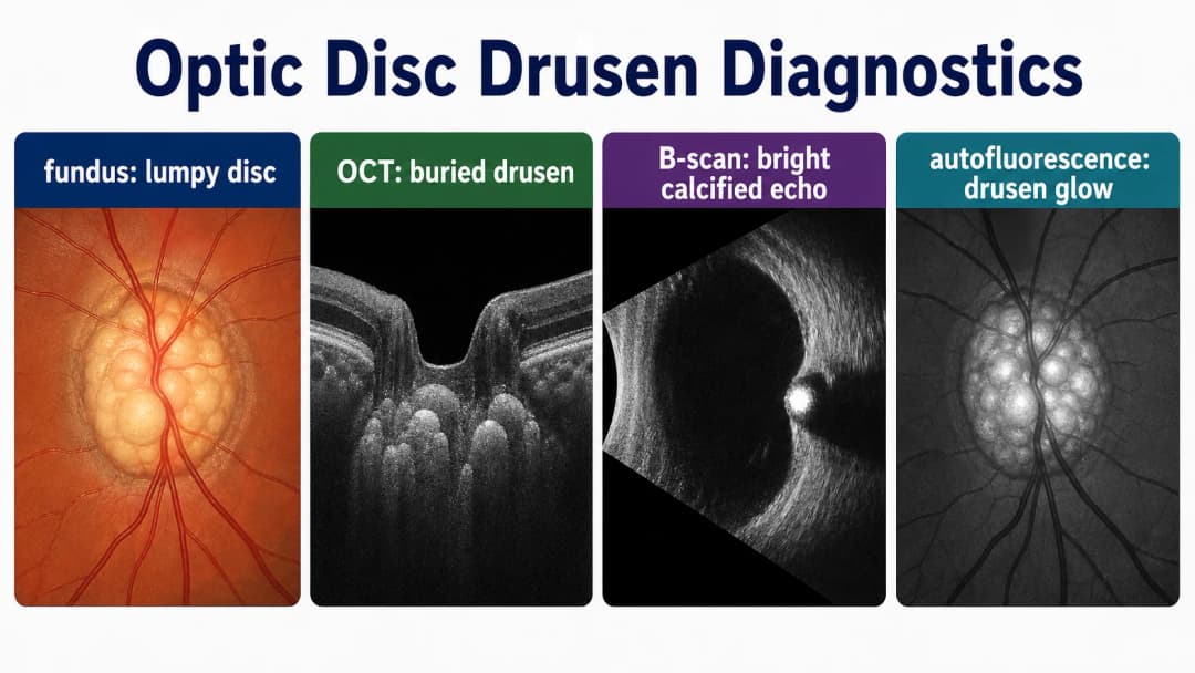 Optic disc drusen diagnostic infographic showing fundus appearance, OCT buried drusen, B-scan bright calcified echo, and autofluorescence drusen glow