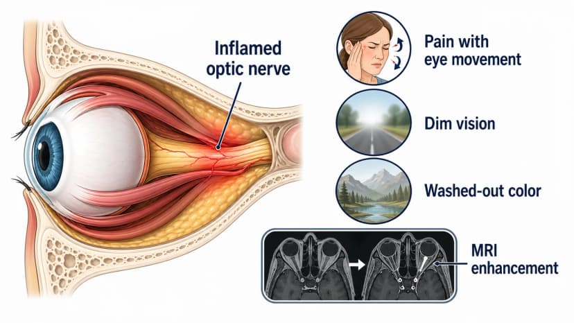 Optic neuritis diagram showing inflamed optic nerve, eye movement pain, dim vision, and MRI enhancement