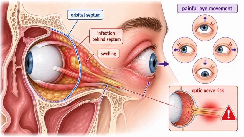 Orbital cellulitis orbit cross-section showing infection behind the orbital septum, swelling, proptosis, painful eye movement, and optic nerve risk