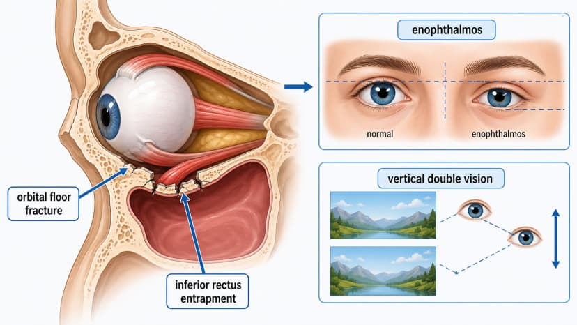 Orbital fracture diagram showing orbital floor blowout, inferior rectus muscle entrapment, enophthalmos, and vertical double vision