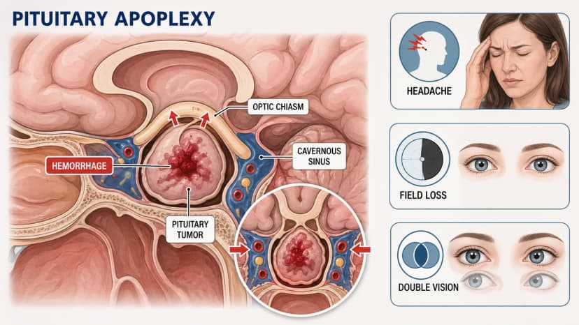 Pituitary apoplexy diagram showing hemorrhage inside pituitary tumor compressing the optic chiasm and cavernous sinus with headache, field loss, and double vision