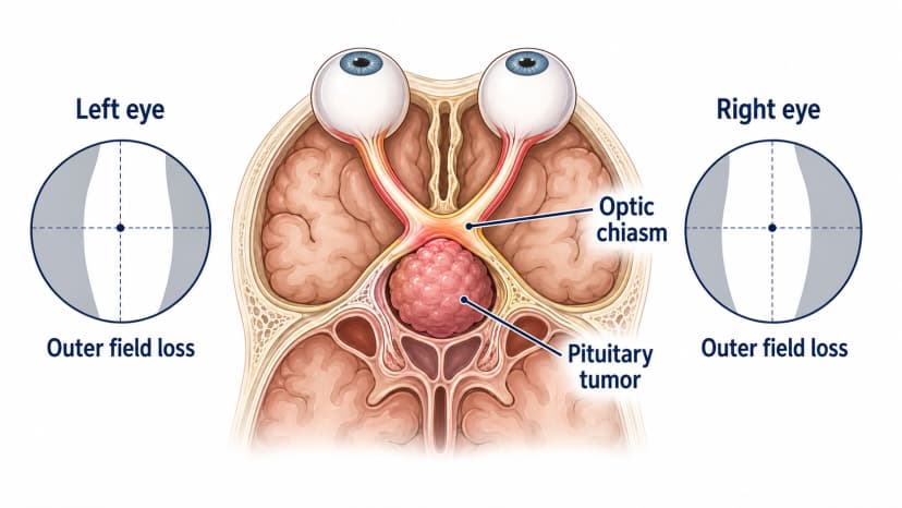 Pituitary tumor diagram showing optic chiasm compression and bitemporal visual field loss