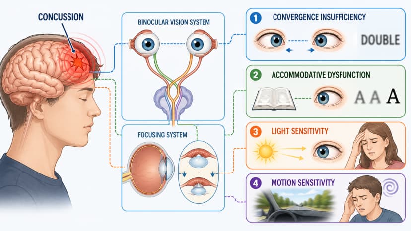 Post-traumatic vision syndrome diagram showing concussion-related convergence insufficiency, accommodative dysfunction, light sensitivity, and visual motion sensitivity