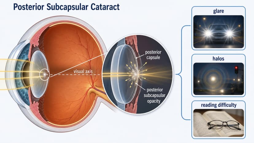 Posterior subcapsular cataract lens diagram showing posterior capsule opacity near the visual axis causing glare, halos, and reading difficulty