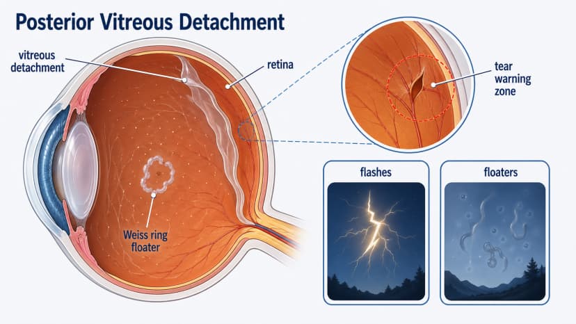 Posterior vitreous detachment eye cross-section showing vitreous gel separating from retina, Weiss ring floater, flashes, and retinal tear warning zone