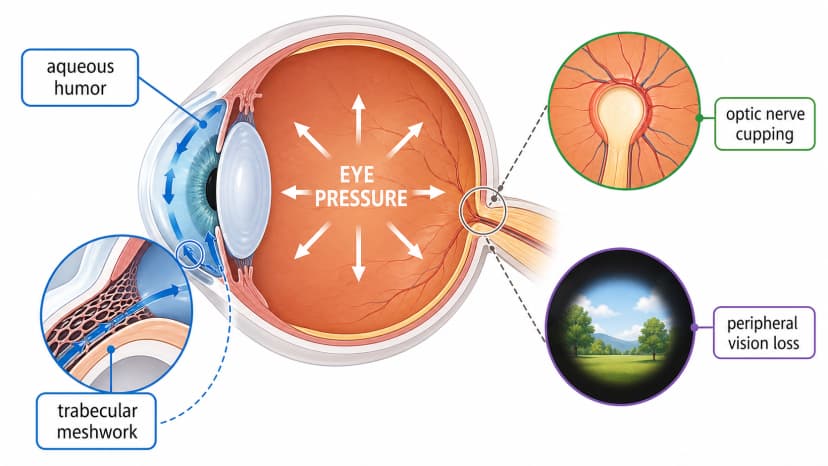Primary open-angle glaucoma diagram showing trabecular meshwork resistance, elevated eye pressure, optic nerve cupping, and peripheral vision loss