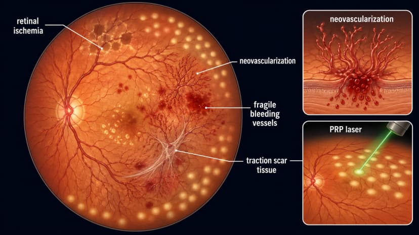 Proliferative diabetic retinopathy retina diagram showing ischemia-driven neovascularization, fragile bleeding vessels, traction scar tissue, and PRP laser treatment