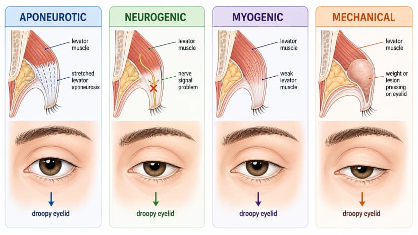 Ptosis eyelid anatomy diagram comparing aponeurotic, neurogenic, myogenic, and mechanical causes of droopy eyelid