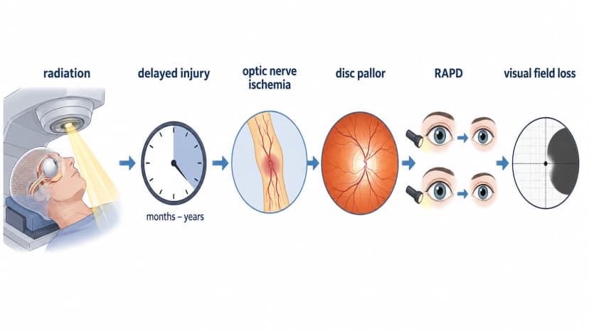 Radiation optic neuropathy timeline showing delayed optic nerve ischemia, disc pallor, RAPD, and visual field loss after head or orbit radiation