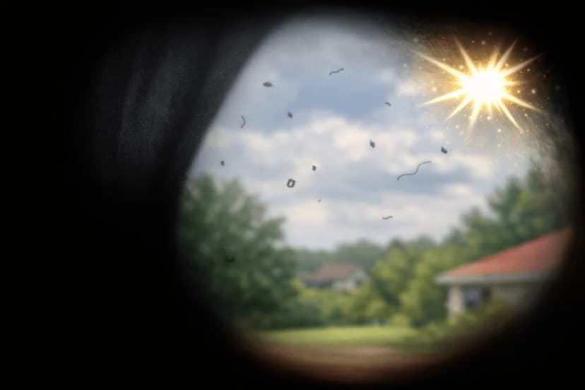 Patient point-of-view illustration of retinal detachment showing a dark curtain-like shadow encroaching from the periphery across the visual field with floaters and a flash of light