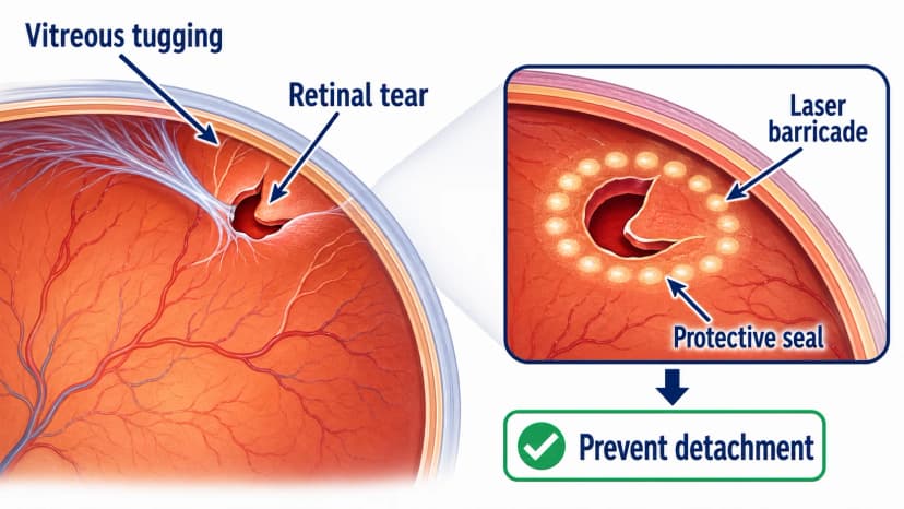 Retinal tear diagram showing vitreous traction, retinal break, and laser barricade treatment