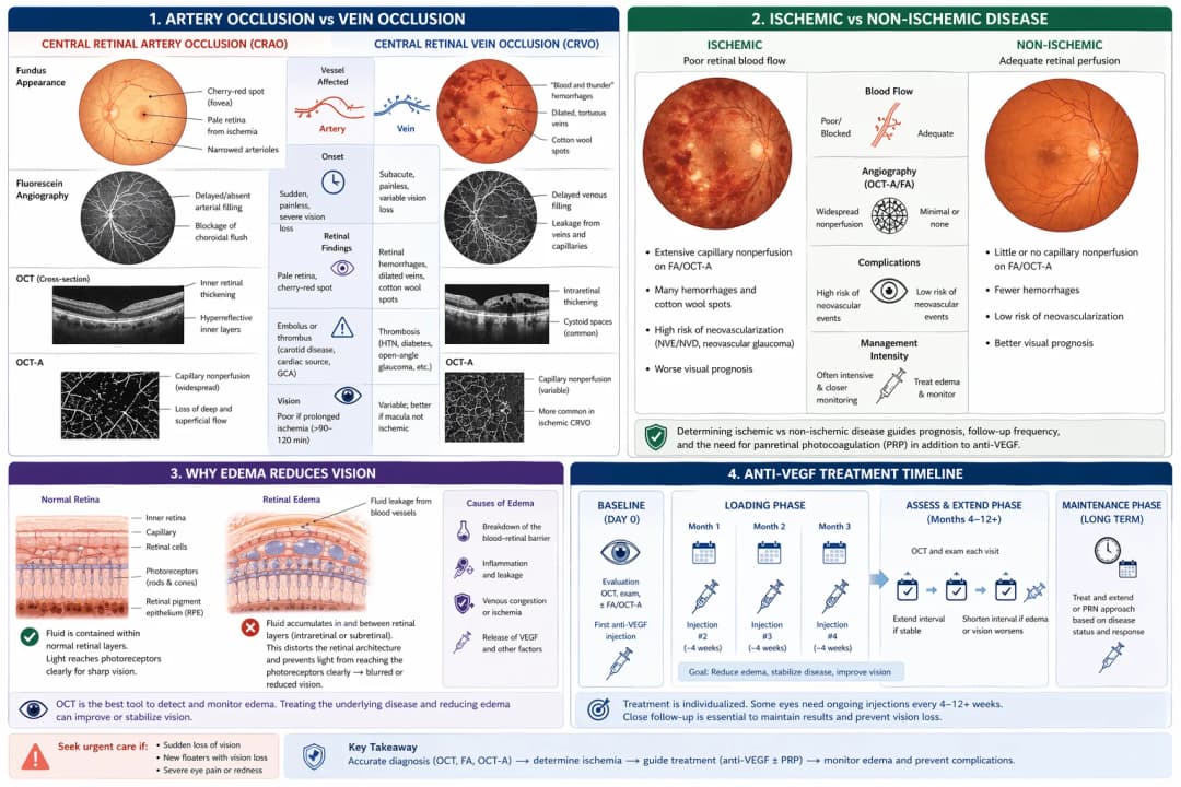 Infographic on retinal vascular disease: side-by-side comparison of central retinal artery occlusion (CRAO) showing a cherry-red spot, pale ischemic retina, delayed arterial filling on fluorescein angiography, and inner retinal thickening on OCT, versus central retinal vein occlusion (CRVO) showing blood and thunder hemorrhages, dilated tortuous veins, cotton wool spots, and cystoid macular edema; ischemic versus non-ischemic disease comparison highlighting capillary nonperfusion, neovascularization risk, and prognosis; a diagram of retinal edema showing fluid accumulation between retinal layers blurring vision; and an anti-VEGF treatment timeline covering baseline evaluation, monthly loading injections, assess-and-extend phase, and long-term maintenance with treat-and-extend or PRN dosing