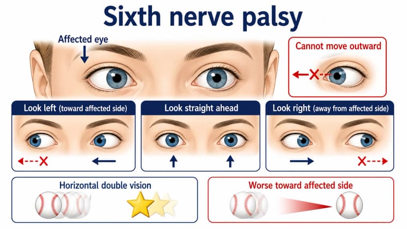 Sixth nerve palsy eye movement diagram with patient-left and patient-right anchors showing an affected right sixth nerve and right eye abduction deficit