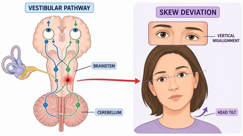 Skew deviation diagram showing vestibular pathway lesion causing vertical eye misalignment, ocular tilt reaction, and compensatory head tilt