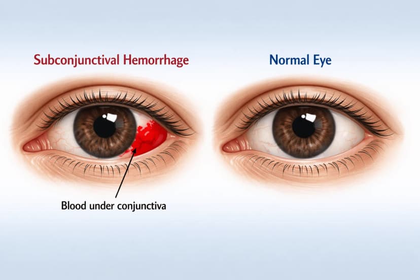 Medical illustration of a subconjunctival hemorrhage showing a bright red flat patch of blood on the white of the eye compared to a normal eye