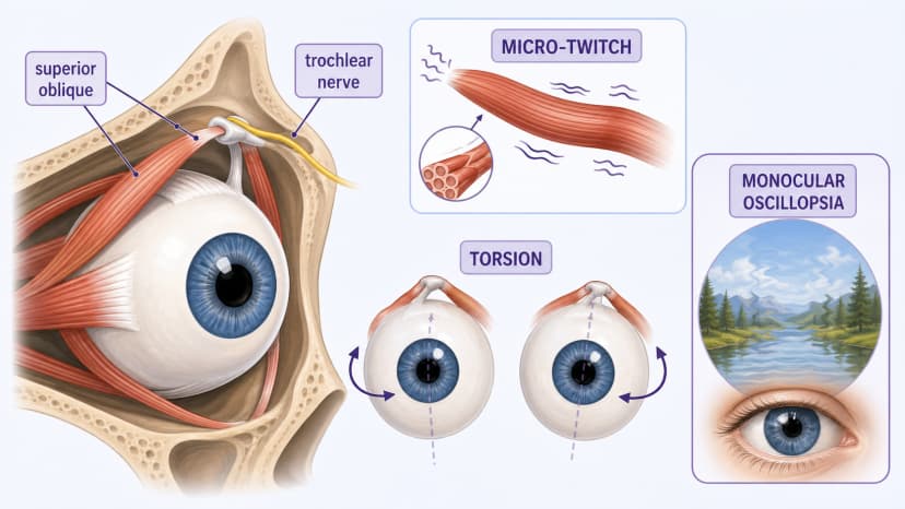 Superior oblique myokymia diagram showing trochlear nerve irritation, superior oblique micro-twitches, torsion, and monocular oscillopsia