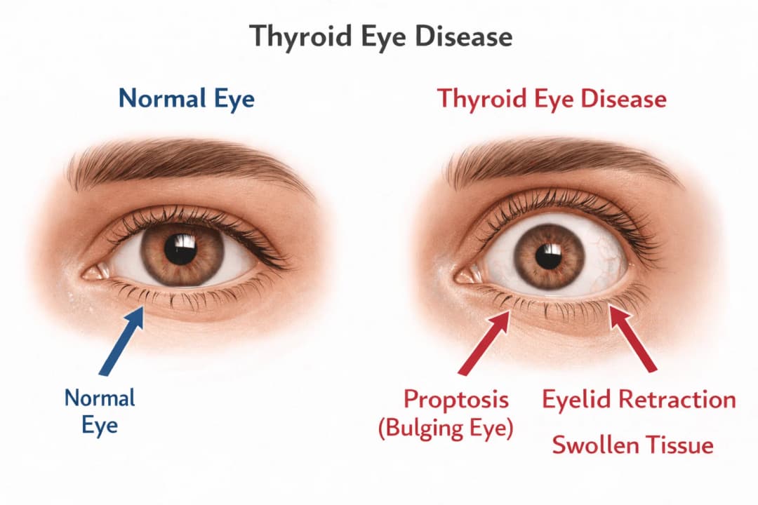 Side-by-side infographic comparing a normal eye and thyroid eye disease showing proptosis, eyelid retraction, and swollen tissue behind the eye