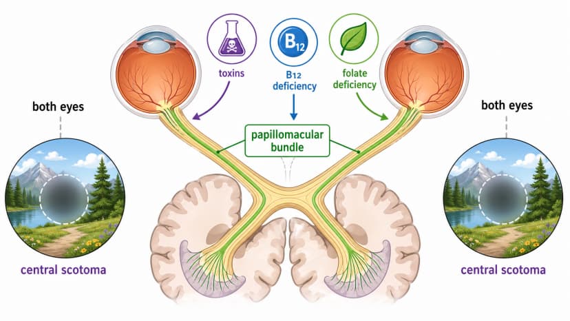 Toxic and nutritional optic neuropathy diagram showing papillomacular bundle damage from toxins, B12 deficiency, folate deficiency, and bilateral central scotomas