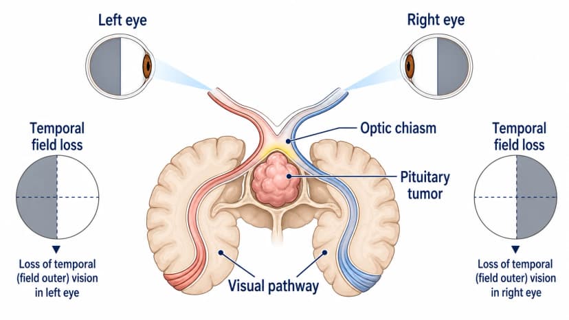 Bitemporal hemianopia diagram showing pituitary chiasm compression and temporal field loss in both eyes