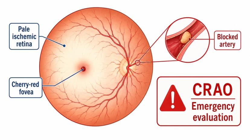 Cherry-red spot retina diagram showing pale ischemic macula, cherry-red fovea, blocked artery, and CRAO emergency evaluation