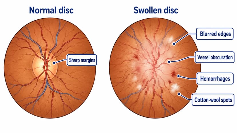 Optic disc edema diagram comparing normal sharp disc margins with swollen blurred disc, hemorrhages, and cotton-wool spots
