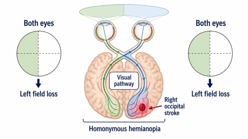 Homonymous hemianopia visual field diagram showing the same side of vision missing in both eyes after an occipital stroke