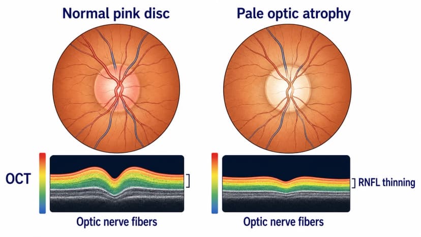 Optic atrophy diagram comparing a normal pink optic disc with a pale optic disc and peripapillary RNFL and ganglion cell layer thinning on OCT