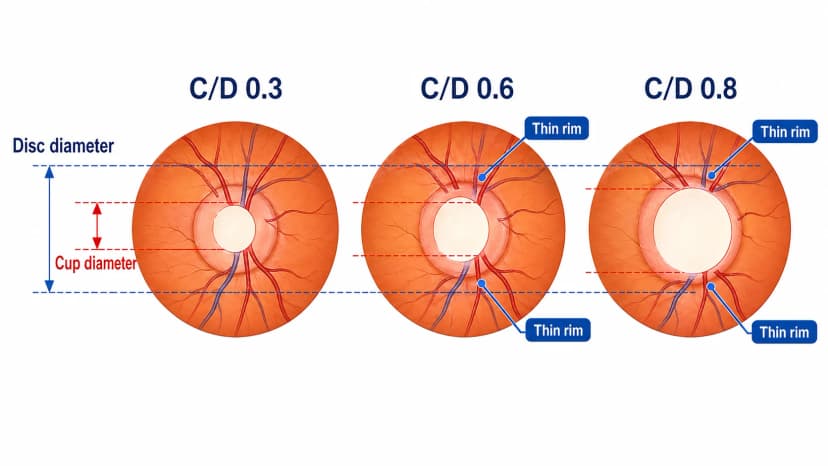 Optic disc cupping diagram showing cup-to-disc ratio measurements and superior-inferior rim thinning