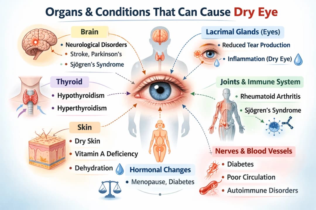Infographic showing organs and conditions that cause dry eye - brain, thyroid, lacrimal glands, joints and immune system, skin, hormonal changes, and nerves and blood vessels - all connected to a central eye