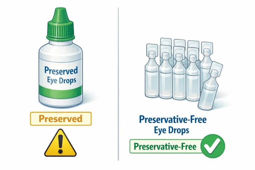 Comparison of a multi-use preserved eye drop bottle with a caution icon and single-use preservative-free vials with a checkmark