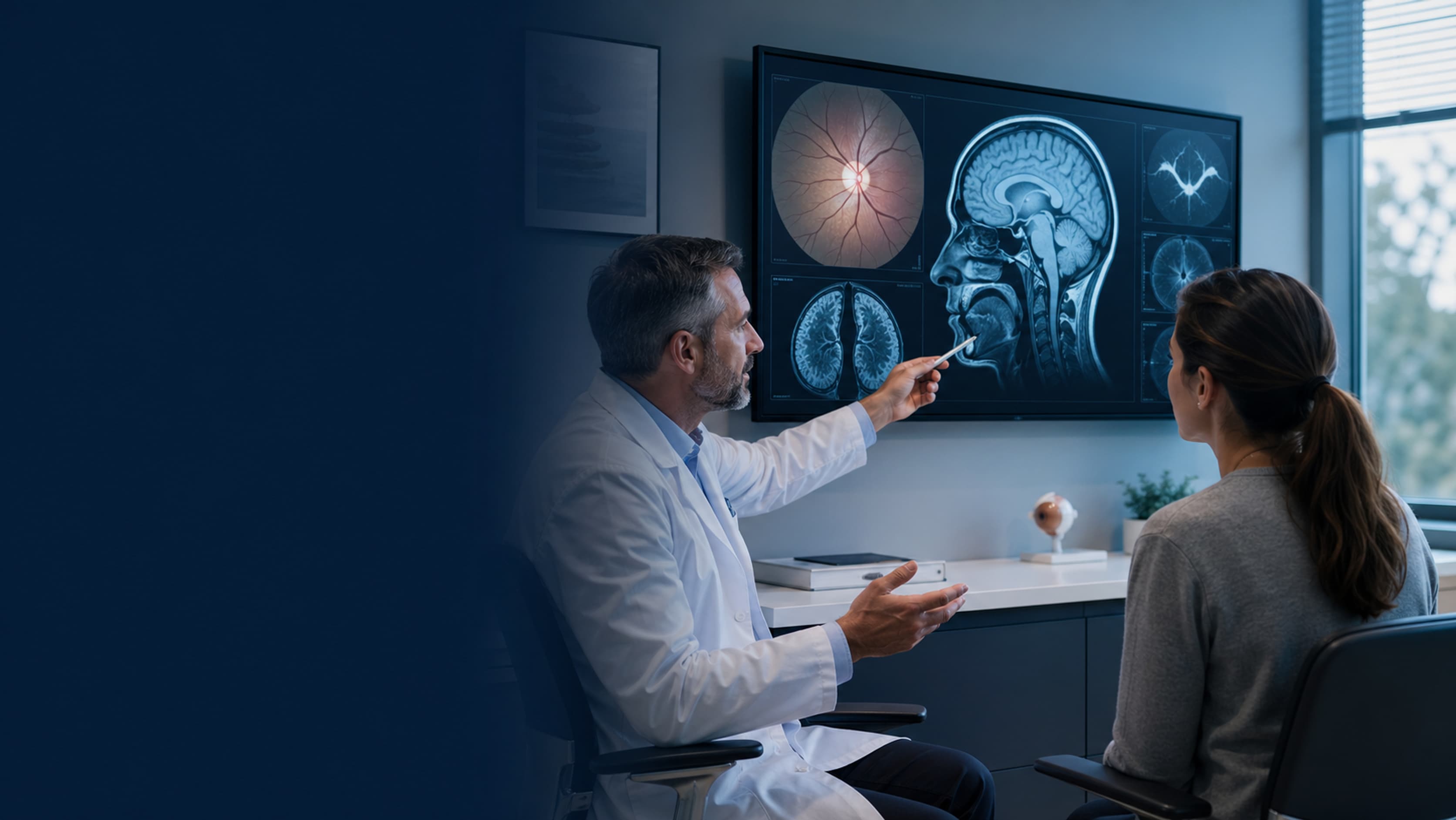 Neuro-ophthalmology consultation reviewing optic nerve and brain imaging