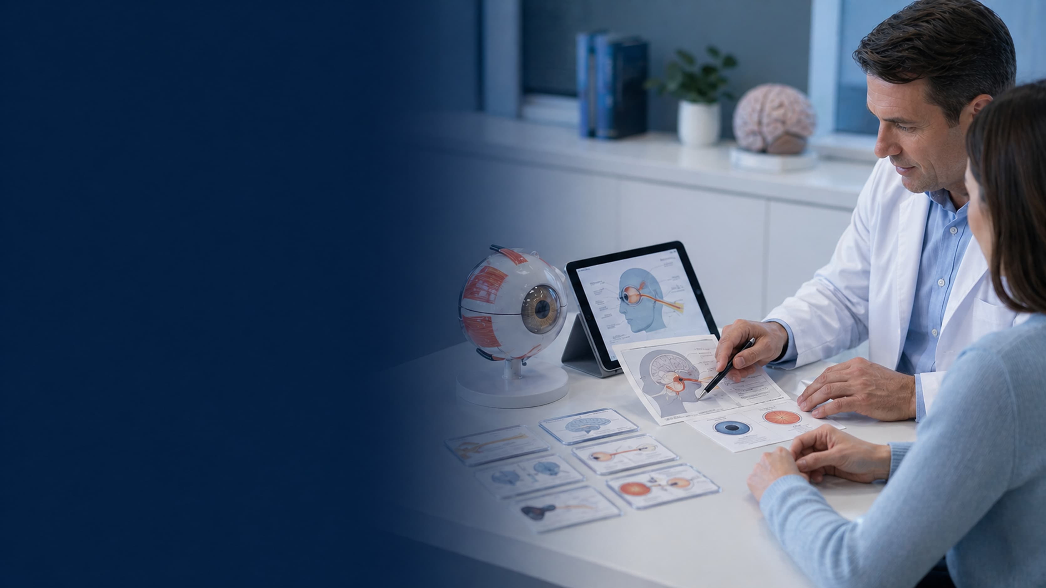 Clinician explaining eye and brain anatomy terms with patient education materials
