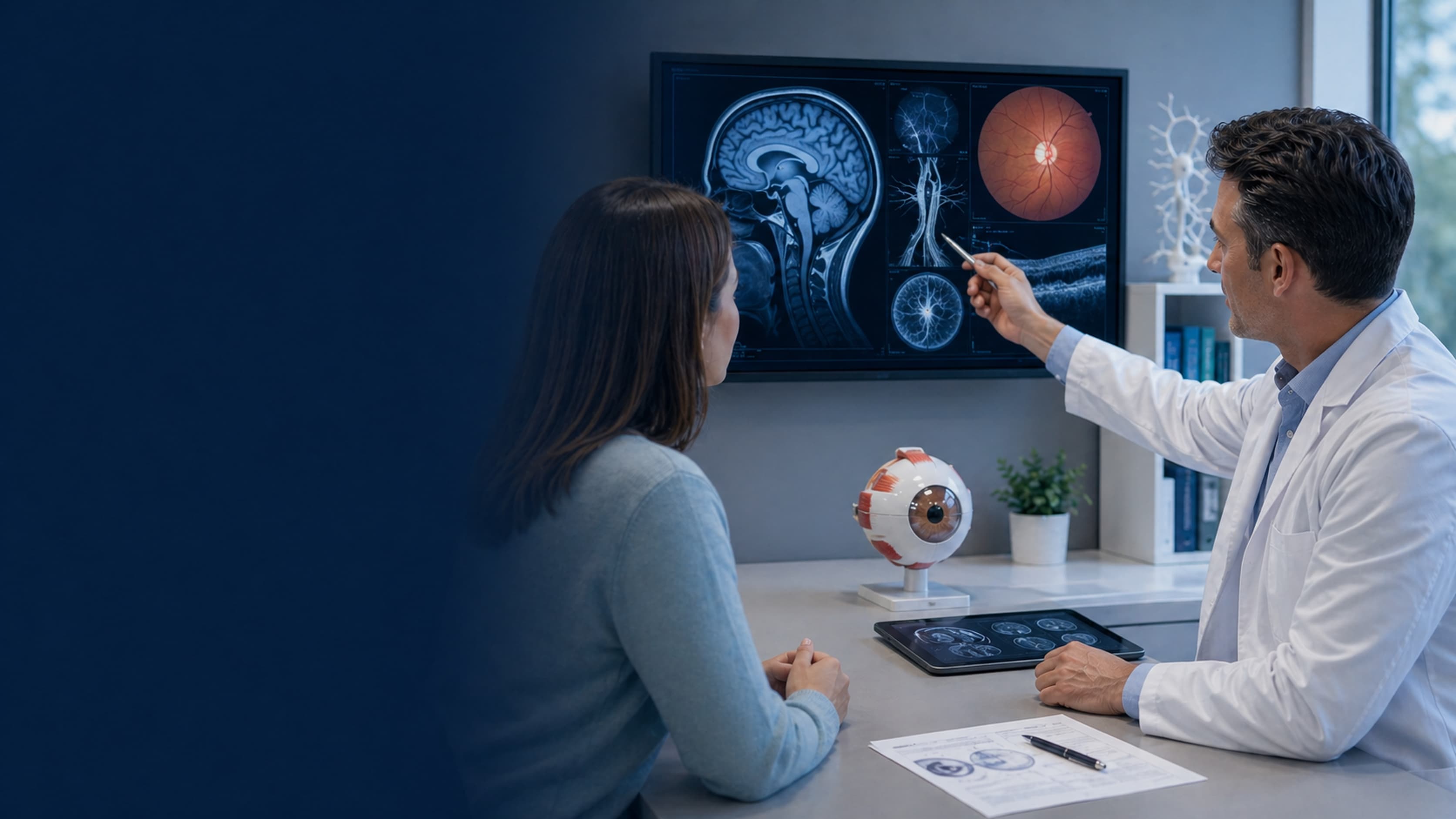 Clinician explaining neuro-ophthalmology conditions with brain and eye imaging