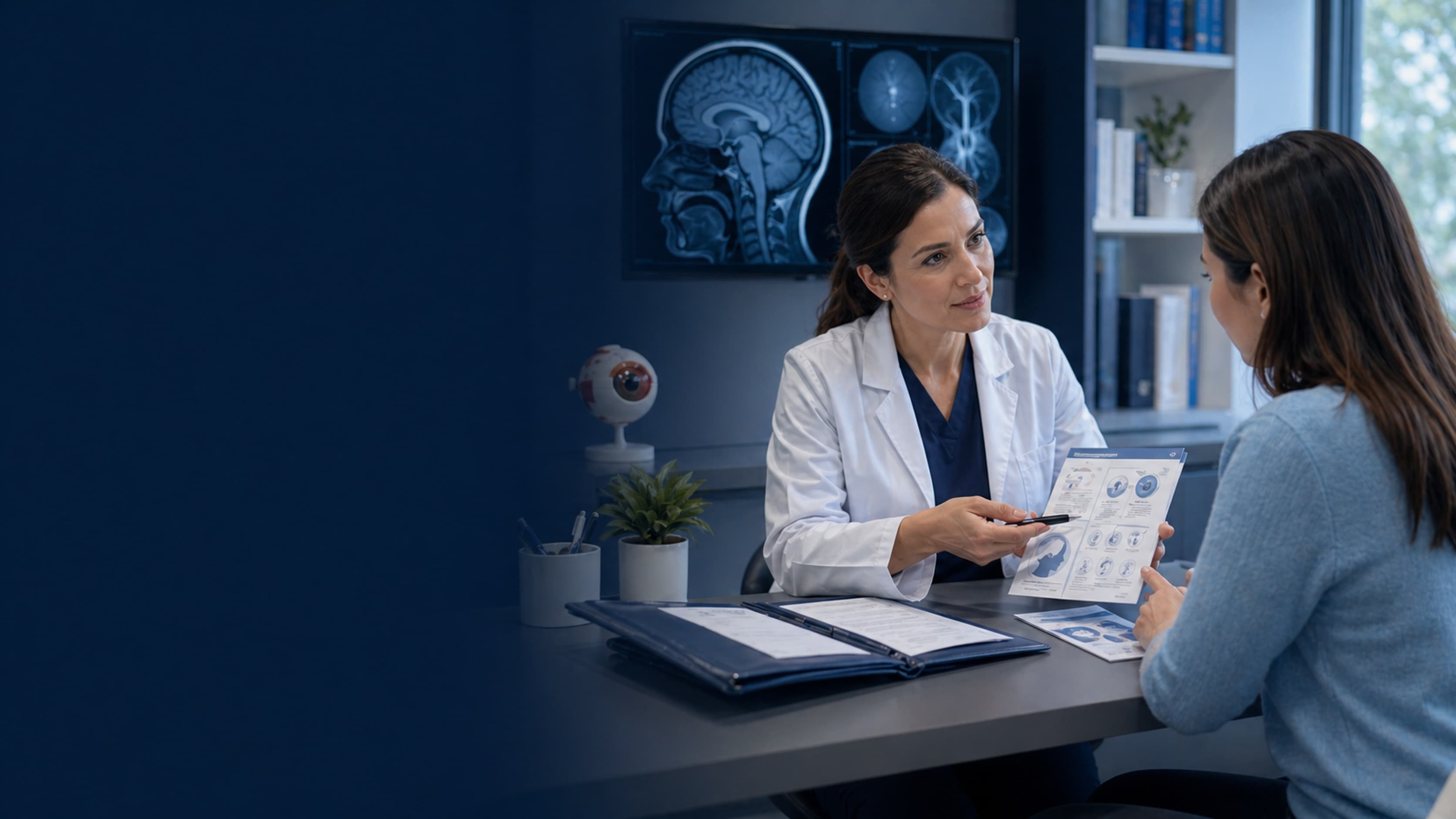 Clinician helping a patient prepare for a neuro-ophthalmology visit