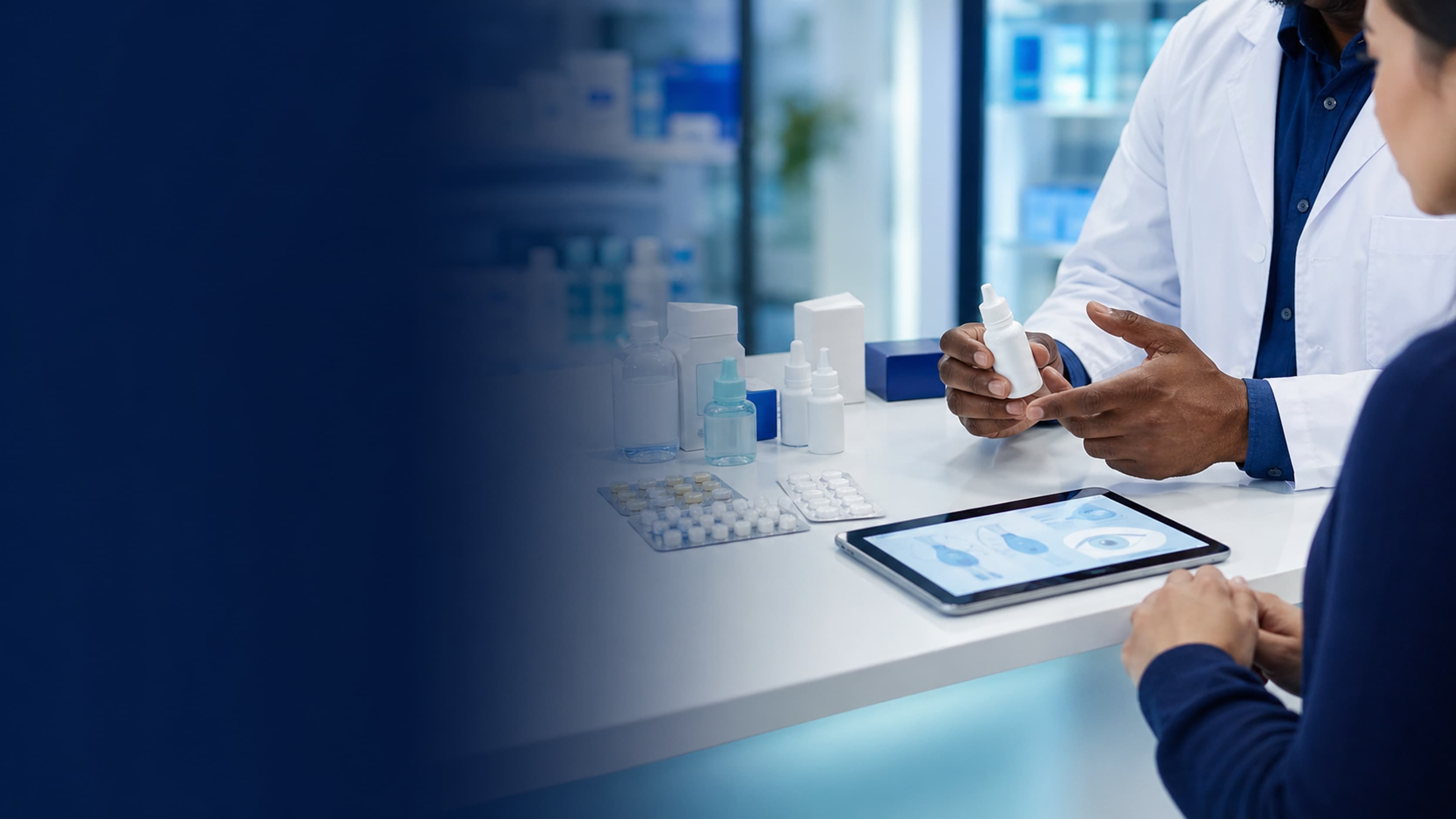 Clinician reviewing ophthalmic medications and eye drops with a patient