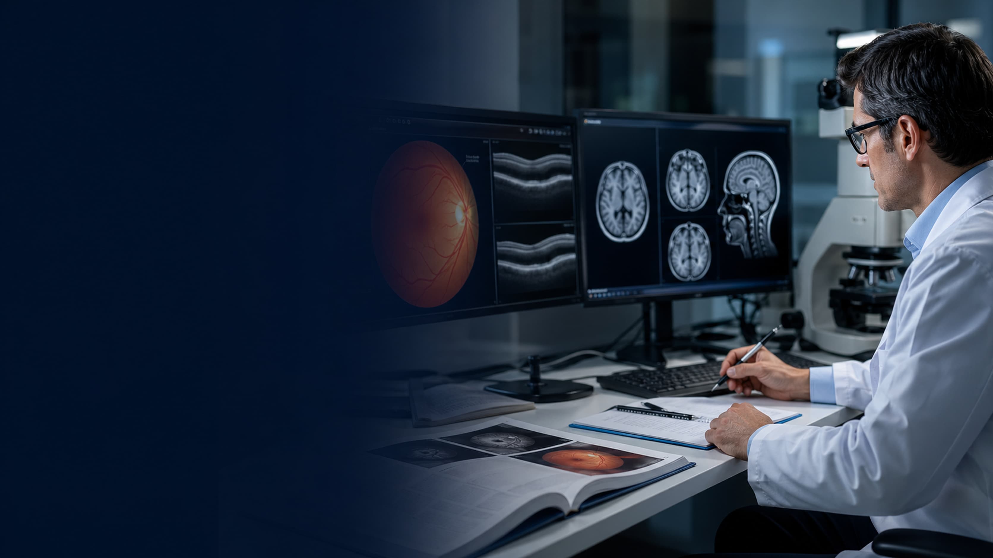 Physician researcher reviewing ophthalmology and brain imaging data