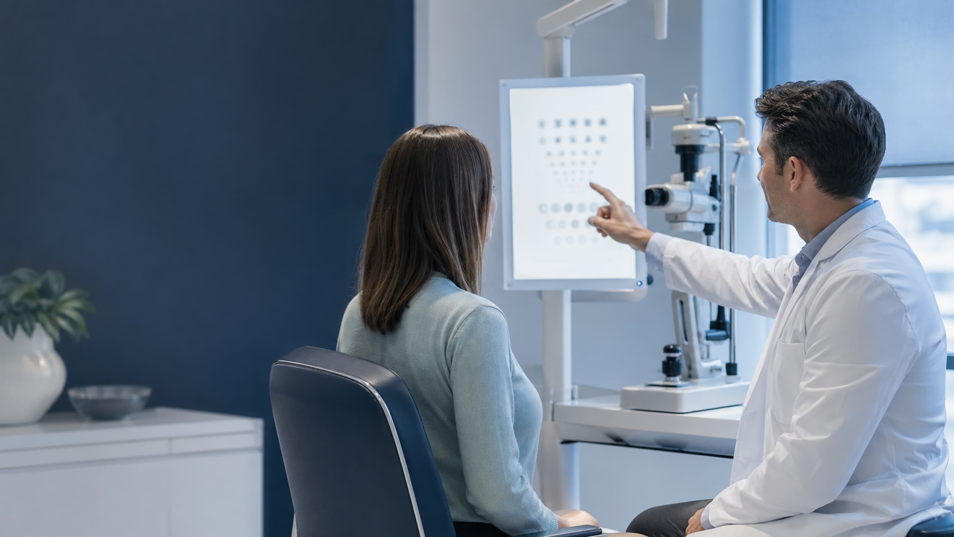 Clinician and patient reviewing visual symptoms in a modern eye exam room