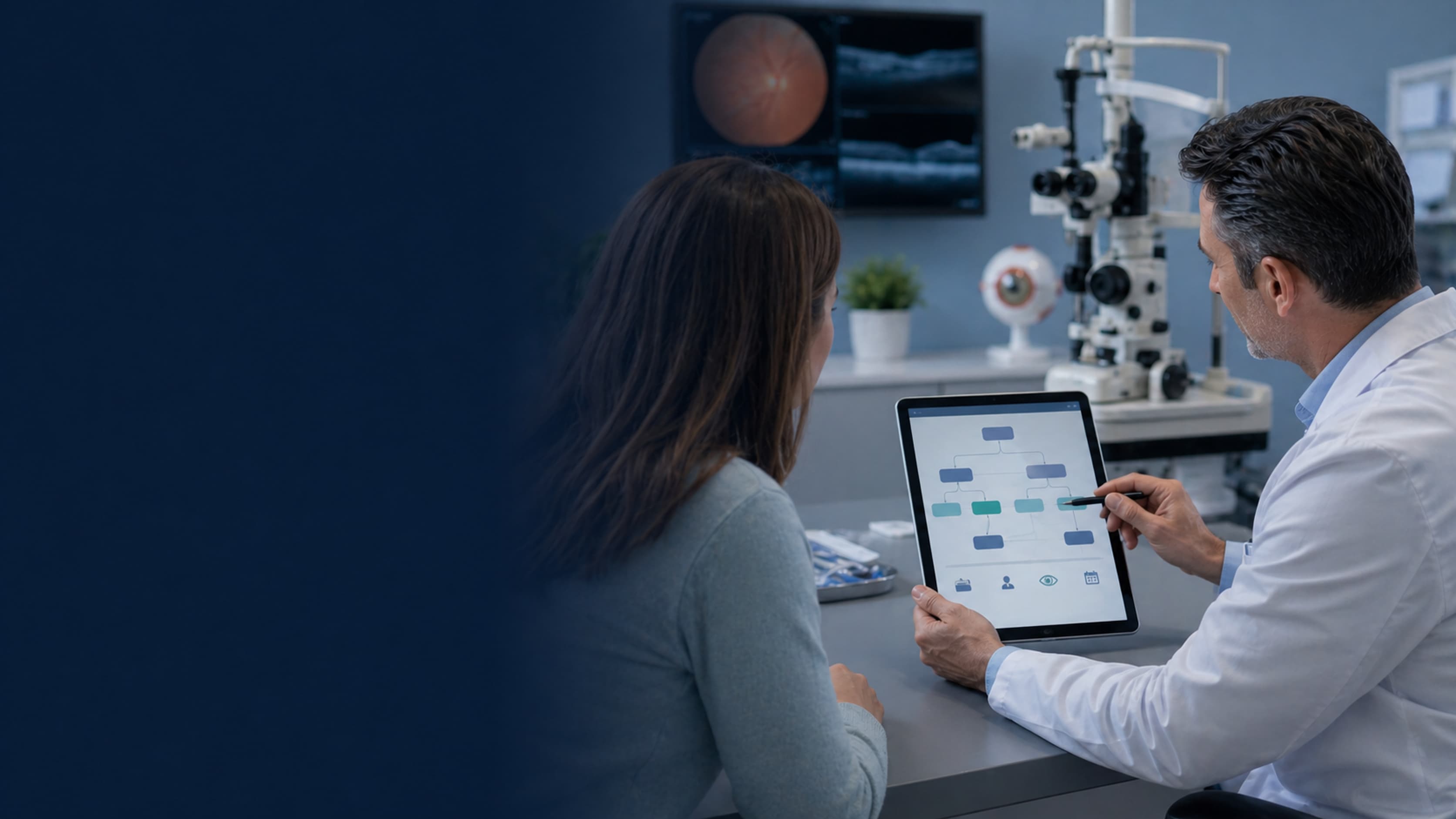 Clinician and patient using a tablet-based vision symptom pathway