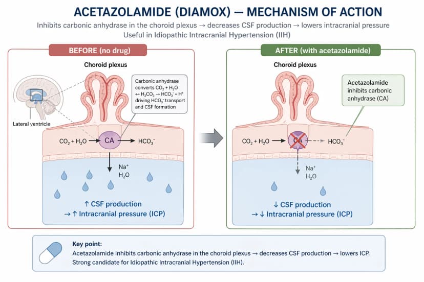 Diagram of acetazolamide (Diamox) mechanism of action: side-by-side comparison of choroid plexus epithelial cells before and after acetazolamide; normally carbonic anhydrase converts CO2 and H2O into bicarbonate (HCO3-) and hydrogen ions (H+), driving sodium and water transport to produce cerebrospinal fluid (CSF) and maintain intracranial pressure; acetazolamide inhibits carbonic anhydrase in the choroid plexus, decreasing bicarbonate generation and Na+/H2O flux, which reduces CSF production and lowers intracranial pressure (ICP), making it a first-line medical treatment for idiopathic intracranial hypertension (IIH)