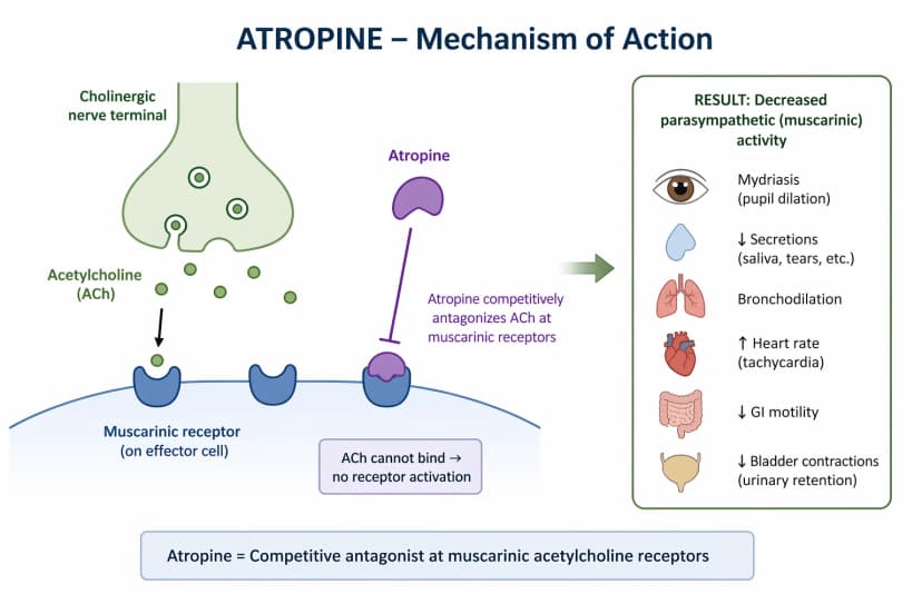 Diagram of atropine's mechanism of action: atropine is a competitive antagonist at muscarinic acetylcholine receptors, blocking acetylcholine released from cholinergic nerve terminals from binding to postsynaptic muscarinic receptors on effector cells; the resulting decrease in parasympathetic activity causes mydriasis (pupil dilation), reduced secretions including saliva and tears, bronchodilation, increased heart rate or tachycardia, decreased gastrointestinal motility, and reduced bladder contractions with urinary retention