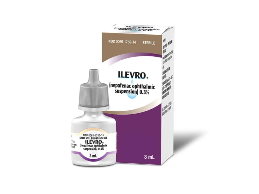 Ilevro nepafenac ophthalmic suspension 0.3% eye drop bottle and packaging for post-cataract surgery inflammation