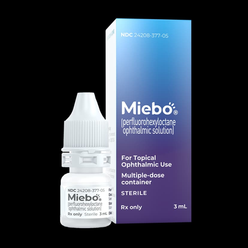 Miebo perfluorohexyloctane ophthalmic solution eye drop bottle and packaging for evaporative dry eye treatment