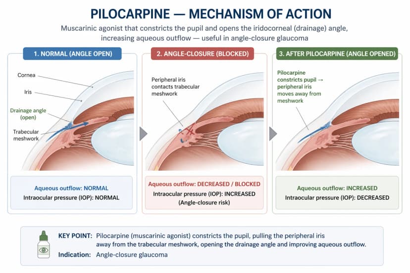 Diagram of pilocarpine mechanism of action: three-panel anterior-segment cross-section showing a normal open iridocorneal angle with aqueous humor draining through the trabecular meshwork at normal intraocular pressure; an angle-closure configuration where the peripheral iris contacts the trabecular meshwork, blocking aqueous outflow and raising IOP; and after pilocarpine, a muscarinic (cholinergic) agonist that constricts the pupil by stimulating the iris sphincter muscle, pulling the peripheral iris away from the meshwork to reopen the drainage angle, restore aqueous outflow, and lower intraocular pressure - the basis for its use in acute and chronic angle-closure glaucoma