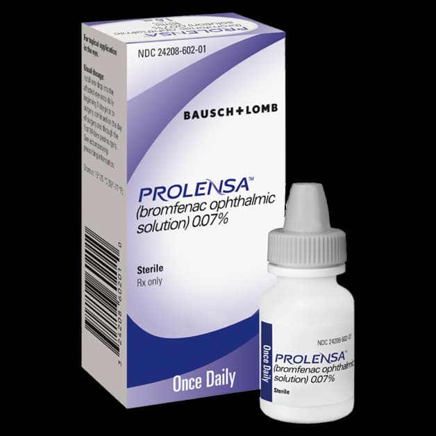 Prolensa bromfenac ophthalmic solution 0.07% once daily eye drop bottle and packaging for post-cataract surgery inflammation