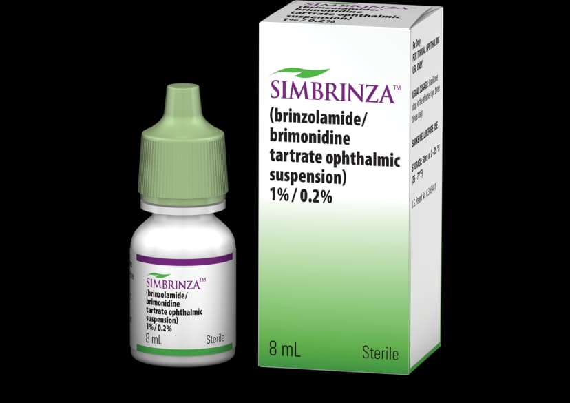Simbrinza brinzolamide and brimonidine combination eye drop bottle and packaging for glaucoma treatment