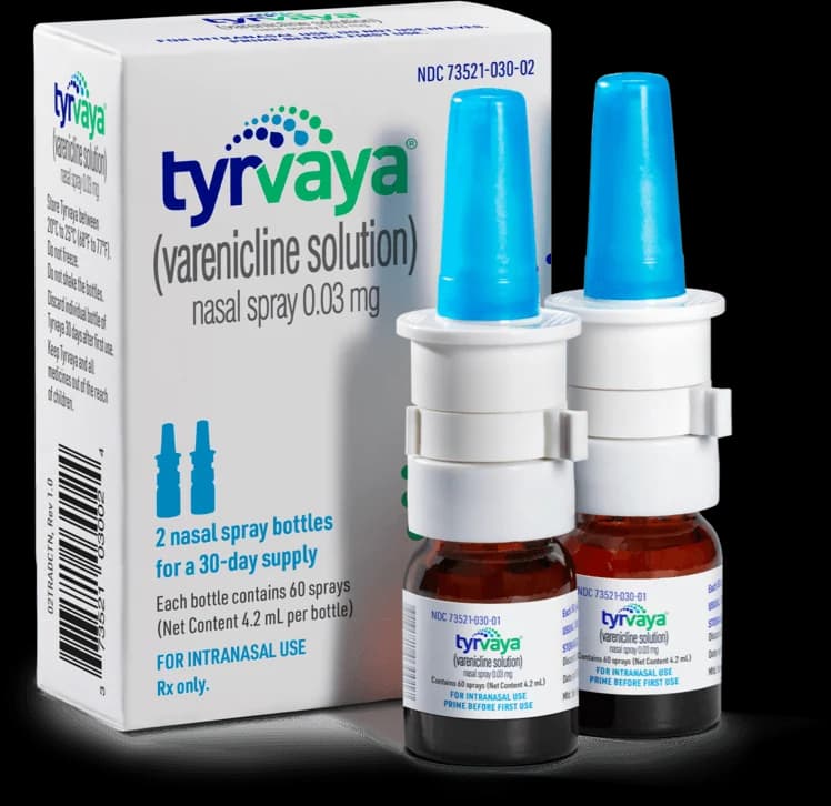 Tyrvaya varenicline nasal spray 0.03mg packaging with two nasal spray bottles for dry eye treatment