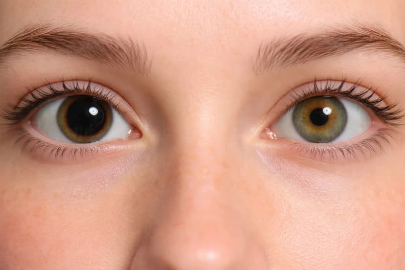 Close-up of a person's eyes showing anisocoria - one pupil significantly larger (dilated) than the other, demonstrating unequal pupil size that may indicate Horner syndrome, third nerve palsy, or other neurological conditions