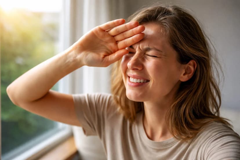 Woman squinting and raising her hand to shield her eyes from bright sunlight streaming through a window - illustrating photophobia or light sensitivity, a common symptom of migraines, uveitis, and dry eye