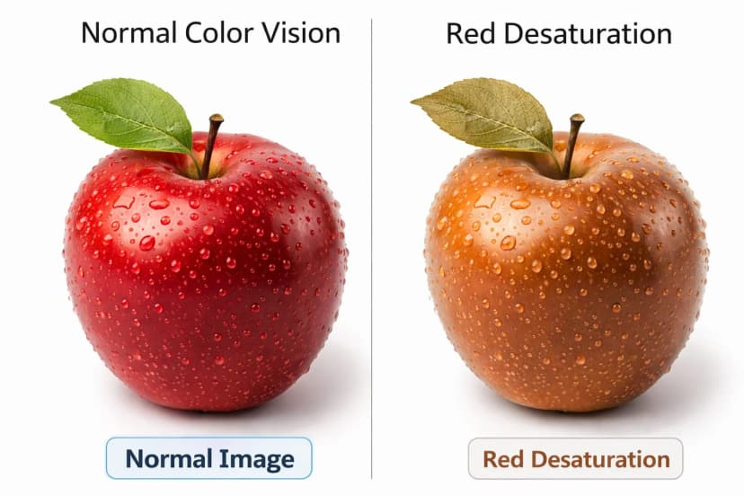 Side-by-side comparison showing normal red color vision versus red desaturation - a vivid red apple on the left appears washed-out orange-brown on the right, illustrating how optic nerve disease affects color perception
