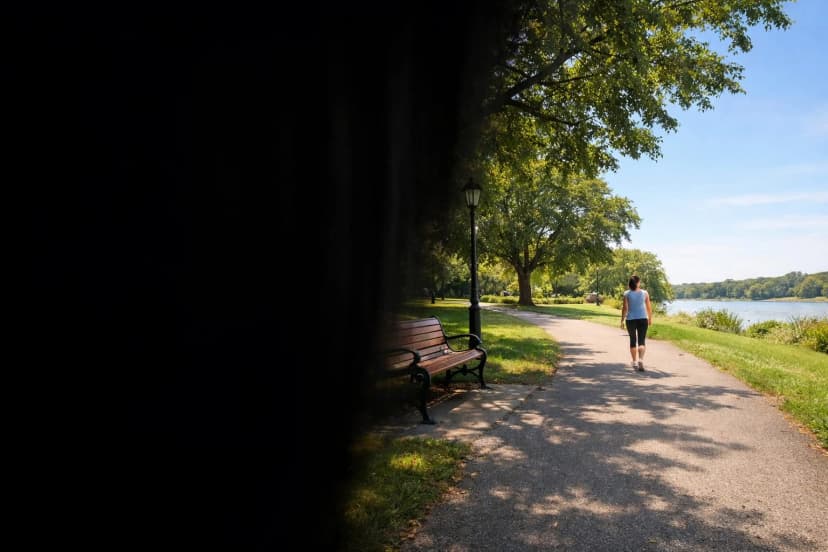 Simulation of transient vision loss showing a dark curtain-like shadow descending over one side of a park scene - illustrating amaurosis fugax, the classic curtain coming down description reported by patients with temporary monocular vision loss